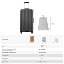LUGGEX 28-inch aluminum frame check-in luggage size and capacity overview, showing exterior and interior dimensions, 103L capacity, non-expandable design, and removable privacy divider. #color_charcoal