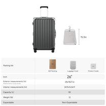LUGGEX 26-inch gray zipperless aluminum frame check-in luggage specifications chart showing exterior dimensions 28x18x11.6 inches, interior 24.9x16.8x11 inches, 82L capacity, 12 lb weight, non-expandable, includes gift packing, luggage cover, and product guide#color_charcoal #show