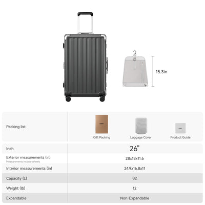 LUGGEX 26-inch gray zipperless aluminum frame check-in luggage specifications chart showing exterior dimensions 28x18x11.6 inches, interior 24.9x16.8x11 inches, 82L capacity, 12 lb weight, non-expandable, includes gift packing, luggage cover, and product guide#color_charcoal #show