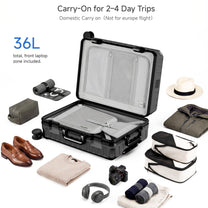 Rear view of ZX all-in-one carry-on suitcase featuring a built-in foldable cup holder, durable zipperless aluminum frame, reinforced corner guards, and smooth spinner wheels for convenient airport travel. #color_black