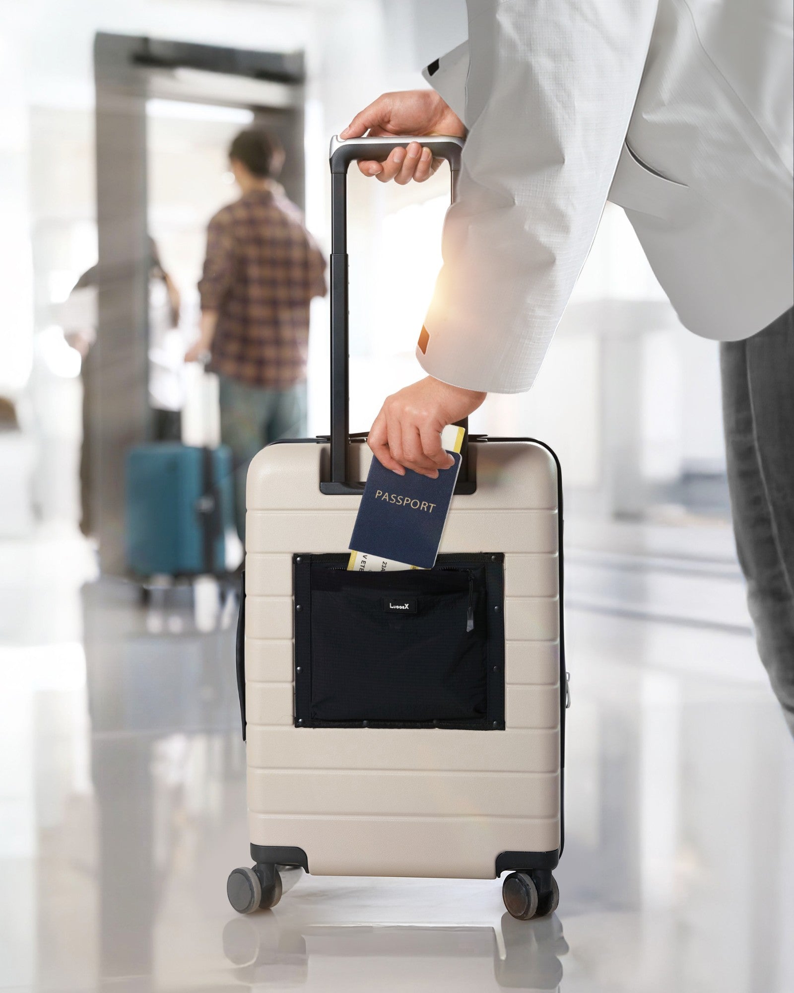 Best carry-on luggage with handy pouch for organizing airport essentials like passport, boarding pass & travel documents securely #color_sand-dune