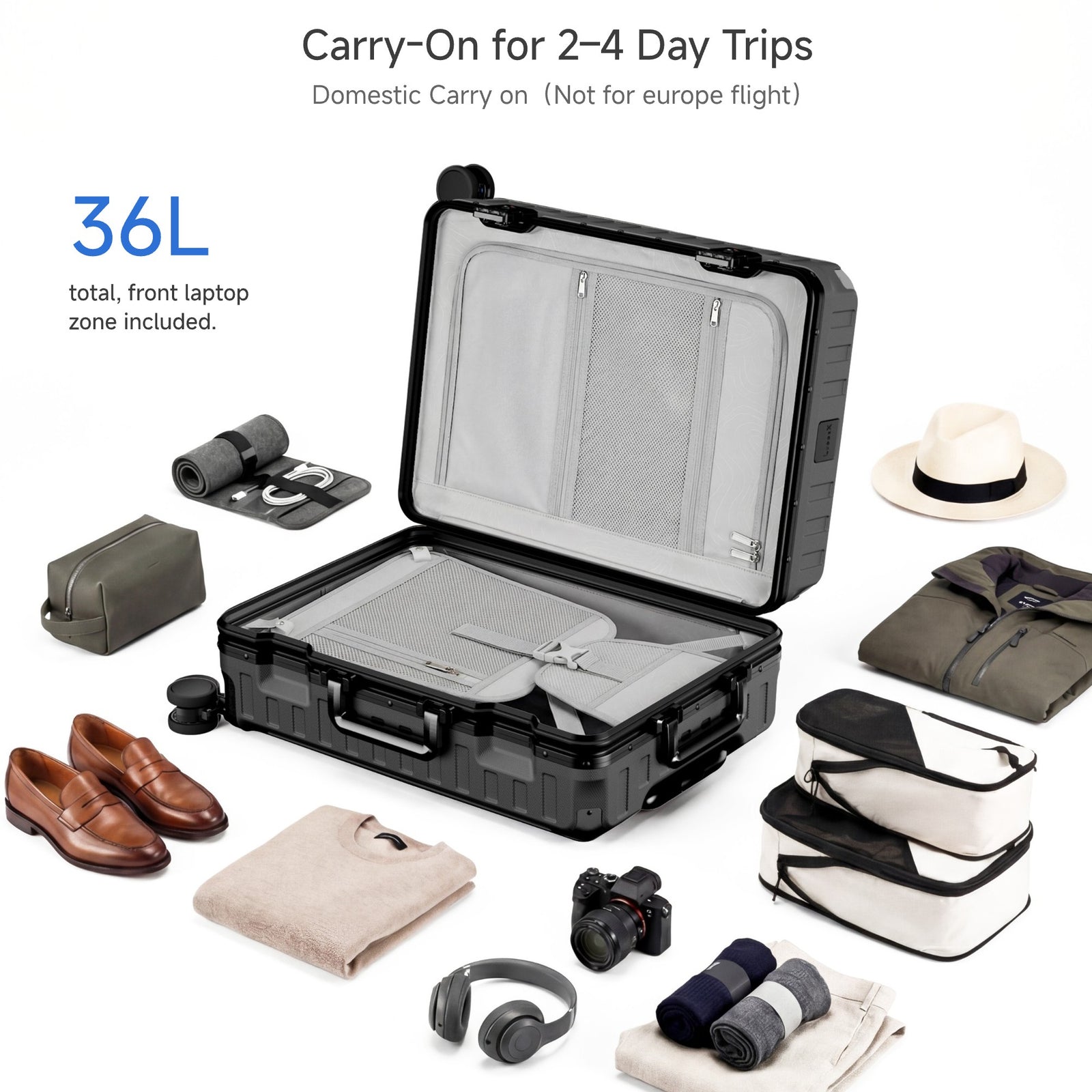Rear view of ZX all-in-one carry-on suitcase featuring a built-in foldable cup holder, durable zipperless aluminum frame, reinforced corner guards, and smooth spinner wheels for convenient airport travel. 