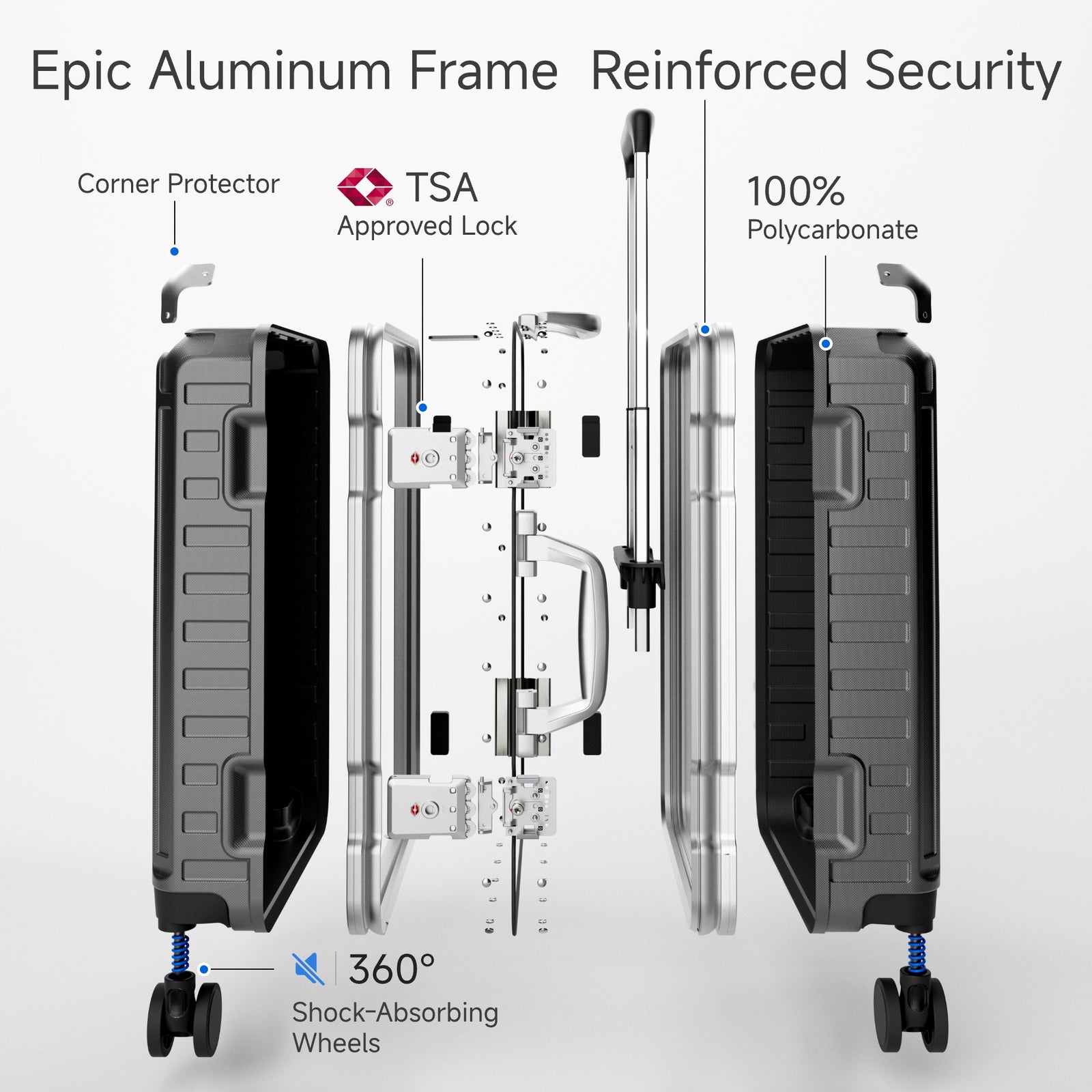 LUGGEX Zipperless aluminum 24-inch check-in luggage with a 4-stage adjustable handle, reinforced corners, dual TSA-approved locks, removable privacy divider, and shock-absorbing spinner wheels. 