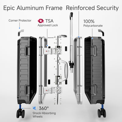 LUGGEX Zipperless aluminum 24-inch check-in luggage with a 4-stage adjustable handle, reinforced corners, dual TSA-approved locks, removable privacy divider, and shock-absorbing spinner wheels. 