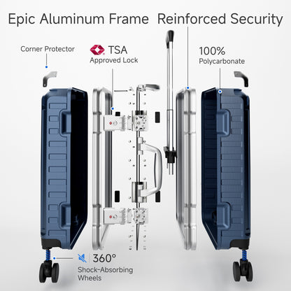 Exploded view of aluminum frame luggage showing 100% polycarbonate shell, reinforced corner protectors, TSA-approved locks, aluminum frame structure, and 360-degree shock-absorbing spinner wheels. 
