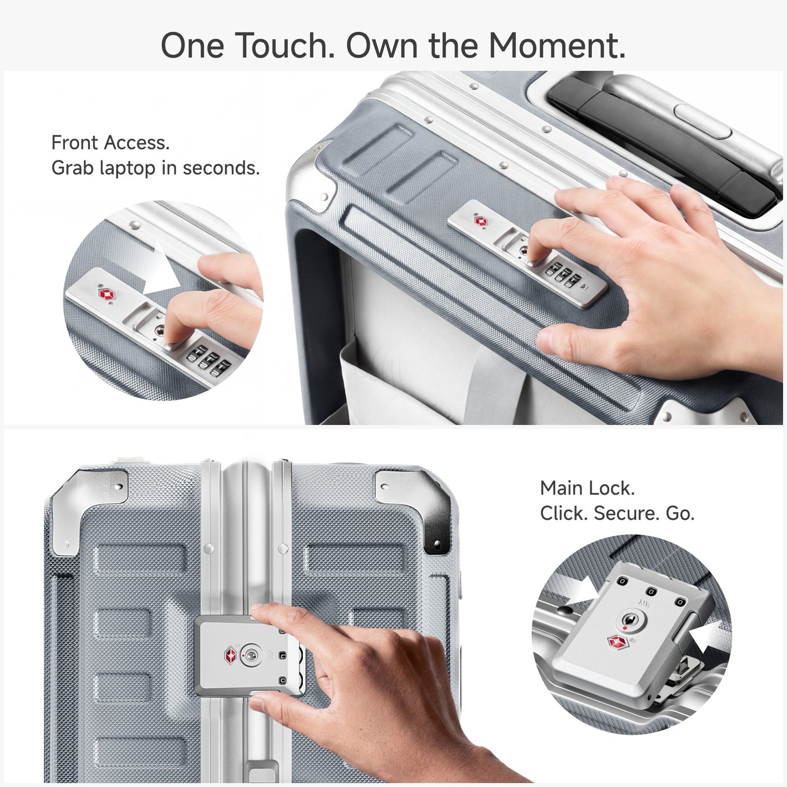 Silver hardshell luggage with front-access TSA combination lock for quick laptop retrieval and one-touch main lock system. #color_sliver_grey