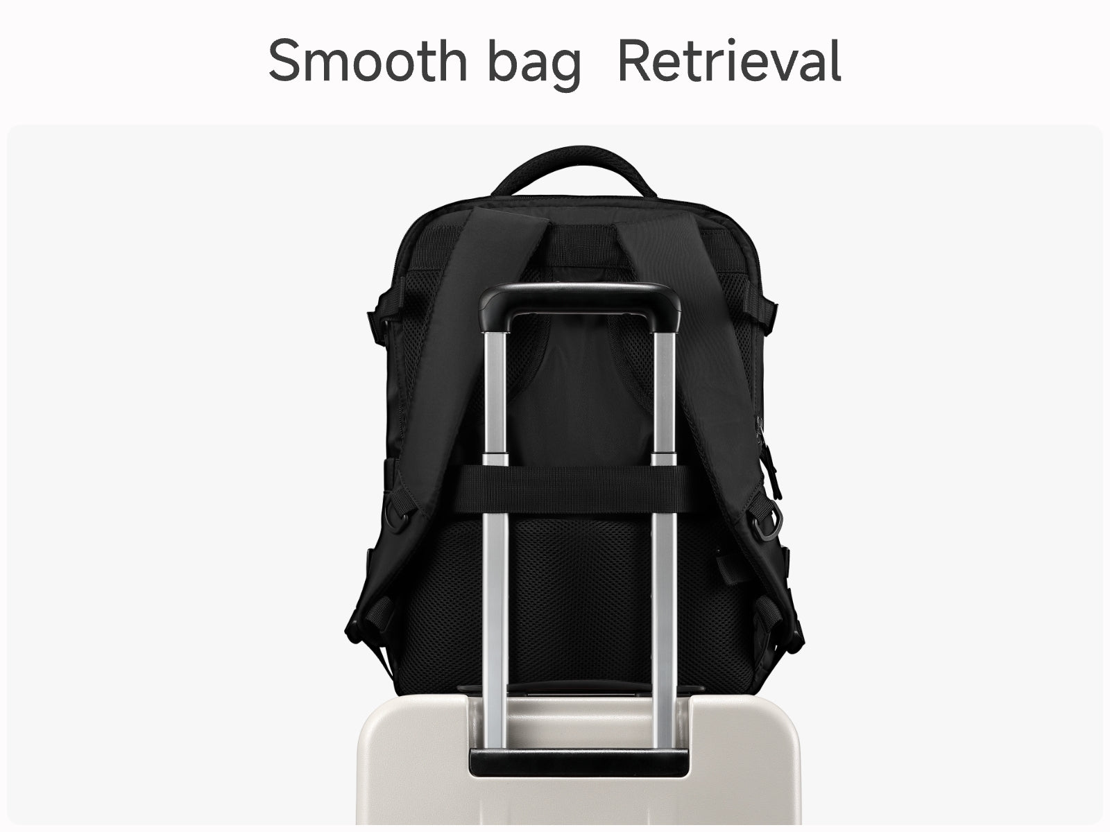 Backpack attached to telescopic handle of LUGGEX FLO Lite 20-inch beige carry-on luggage, showing smooth bag retrieval for easy travel.
