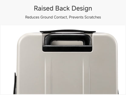ack view of LUGGEX FLO Lite 20-inch beige carry-on luggage with raised back design made from durable hard-shell polycarbonate to reduce scratches.
