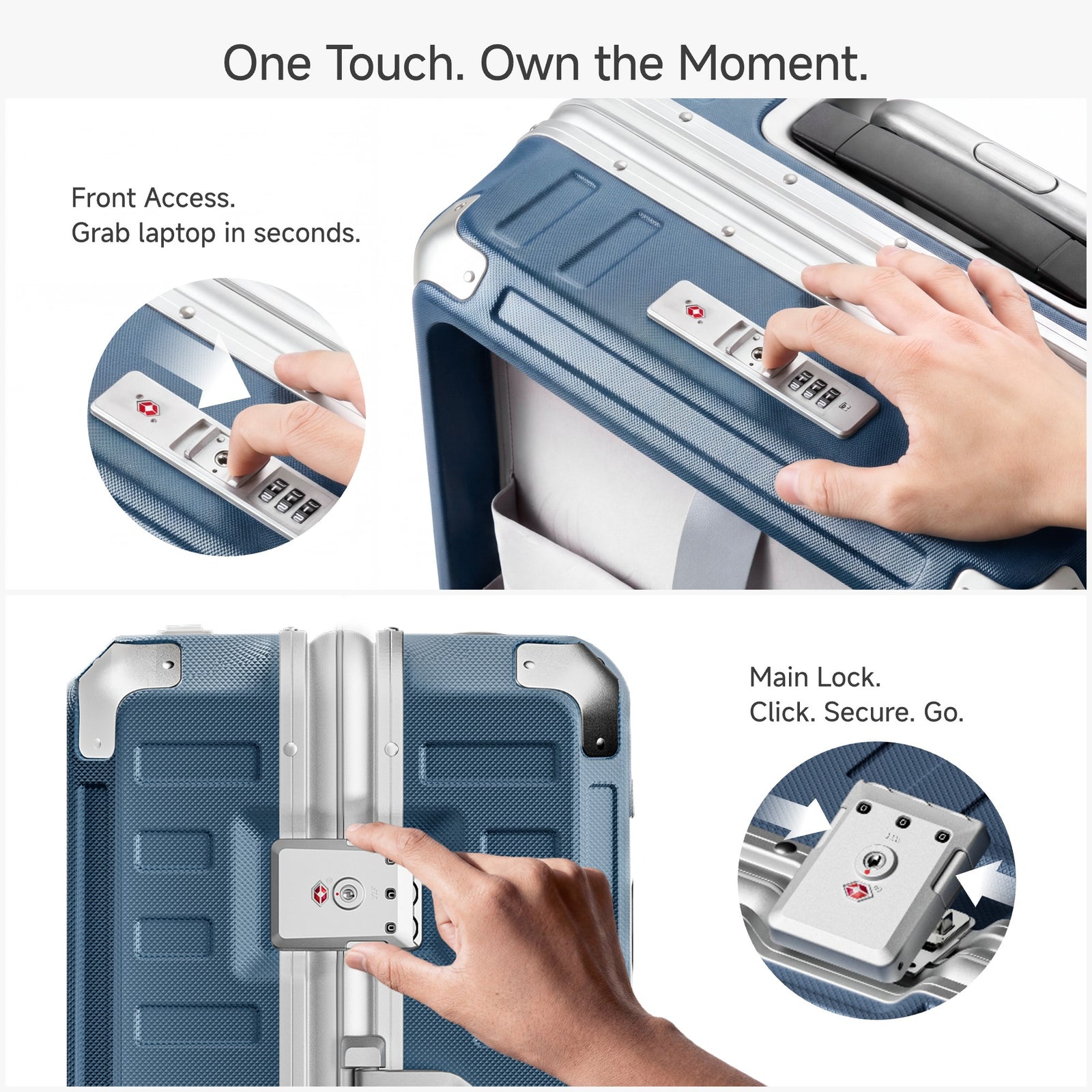 Silver hardshell luggage with front-access TSA combination lock for quick laptop retrieval and one-touch main lock system. #color_blue