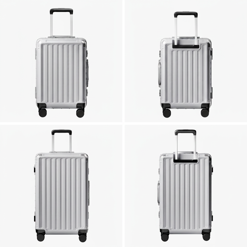 Front view of a carry-on suitcase with a 100% polycarbonate shell, designed for lightweight durability and impact resistance. 