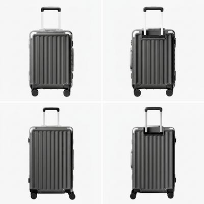 Front view of a check-in suitcase with a 100% polycarbonate shell, designed for lightweight durability and impact resistance. 