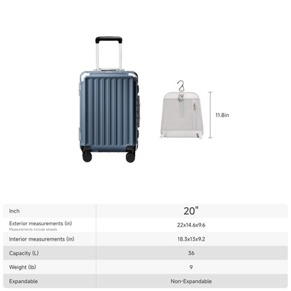 LUGGEX 20-inch aluminum frame carry-on luggage size and capacity overview, showing exterior and interior dimensions, 36L capacity, non-expandable design, and removable privacy divider. #color_blue