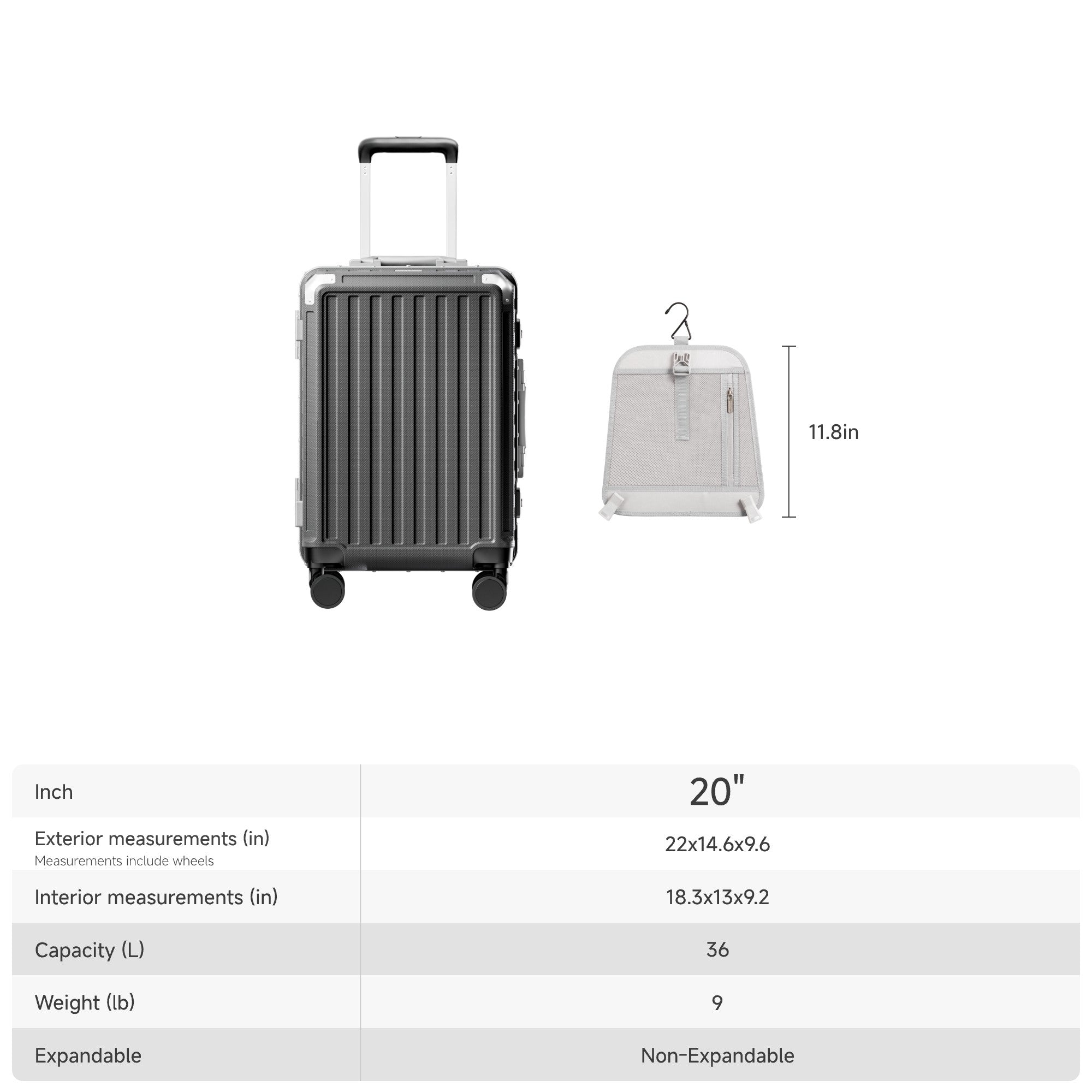 LUGGEX 20-inch aluminum frame carry-on luggage size and capacity overview, showing exterior and interior dimensions, 36L capacity, non-expandable design, and removable privacy divider. #color_charcoal