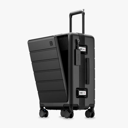 100% polycarbonate hard shell, and reinforced aluminum frame for durable protection and long-term travel use. #LUGGEX zipperless bigger carry-on suitcase with front-open design, 100% polycarbonate hard shell, and aluminum frame for durable, secure, and easy-access travel. #color_black #show