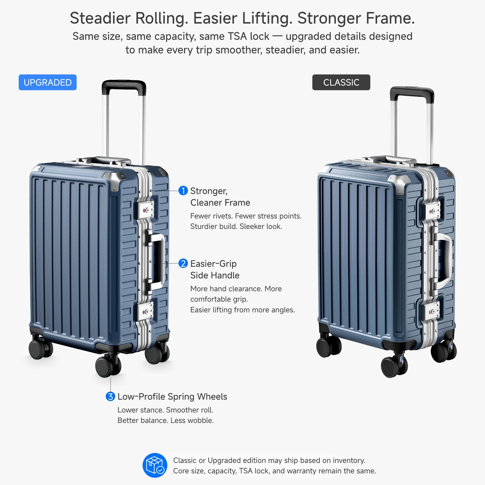 100% polycarbonate hard shell, and reinforced aluminum frame for durable protection and long-term travel use. 