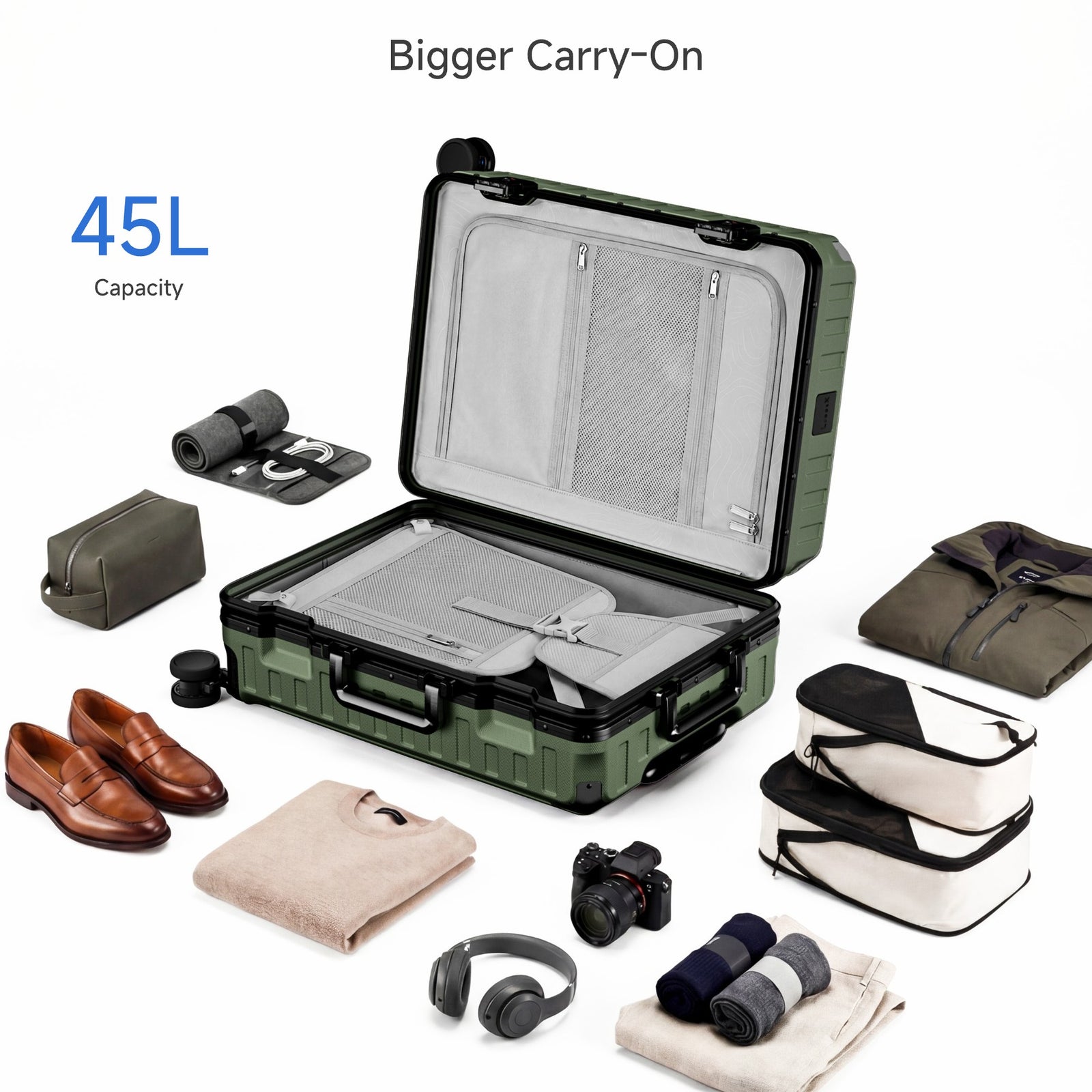 100% polycarbonate hard shell, and reinforced aluminum frame for durable protection and long-term travel use. #LUGGEX 21-inch zipperless bigger carry-on suitcase with aluminum frame and 100% polycarbonate hard shell, TSA locks, and smooth spinner wheels for durable, lightweight travel. #color_olive_green #show