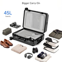 100% polycarbonate hard shell, and reinforced aluminum frame for durable protection and long-term travel use. #LUGGEX 21-inch zipperless bigger carry-on suitcase with aluminum frame and 100% polycarbonate hard shell, TSA locks, and smooth spinner wheels for durable, lightweight travel. 

#color_black #show