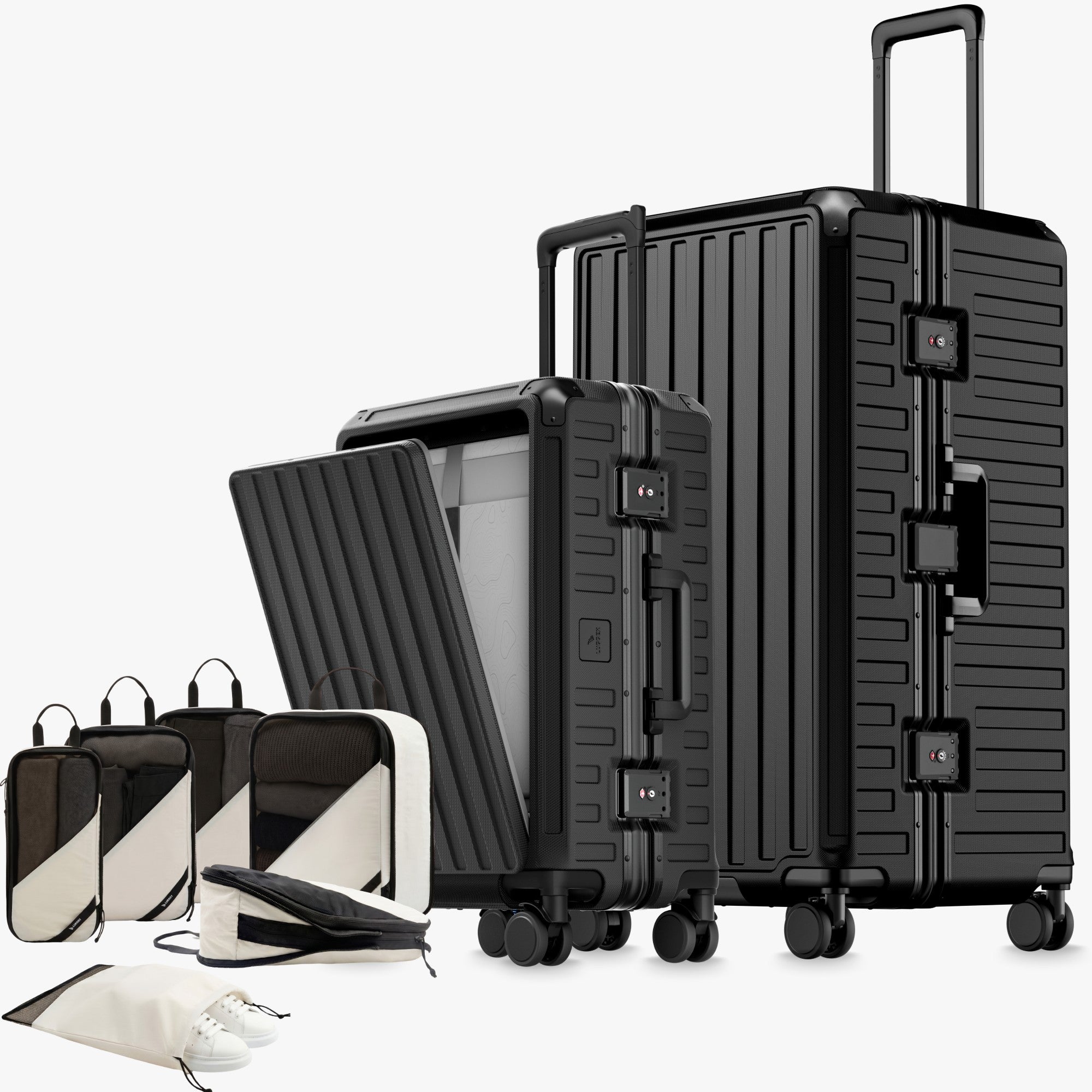 LUGGEX ZX All-in-One Carry-On in All Black — Front-Open Laptop Compartment, Aluminum Frame 100% polycarbonate hard shell, and reinforced aluminum frame for durable protection and long-term travel use. #3:7 Trunk Structure for Deep Packing
The LUGGEX zipperless aluminum-frame 30-inch check-in suitcase with 100% polycarbonate hard shell, concentrates most of its capacity on the deeper main side, making bulky items easier to pack for extended trips.#color_black