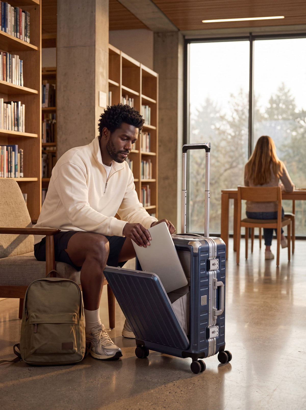 Man accessing laptop from front pocket of blue aluminum carry-on luggage in library.#color_blue