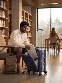 Man accessing laptop from front pocket of blue aluminum carry-on luggage in library.#color_blue