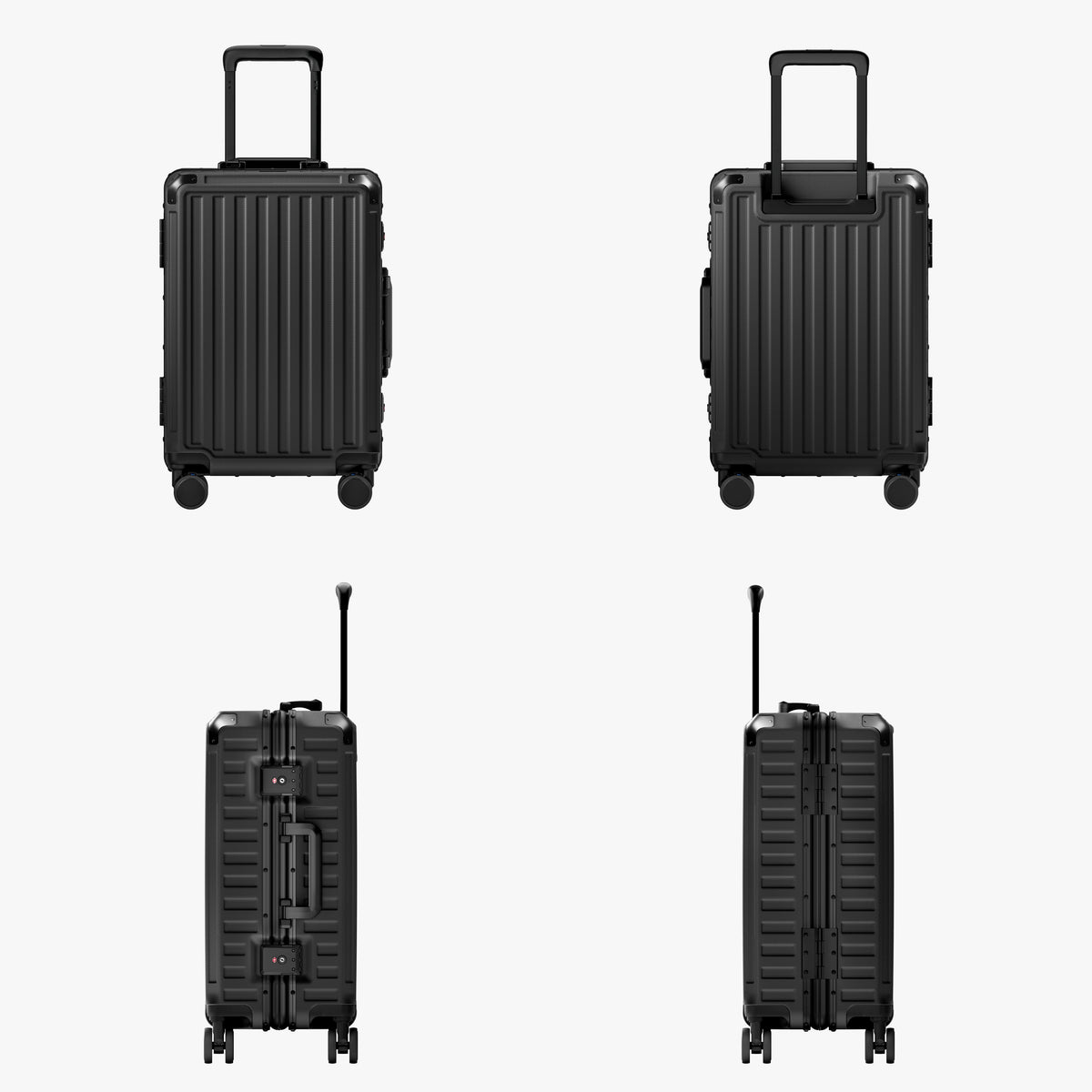 LUGGEX carry-on luggage in matte black with black aluminum frame — front, back, and side views showing zipperless hard shell, TSA lock, and spinner wheels.#color_black