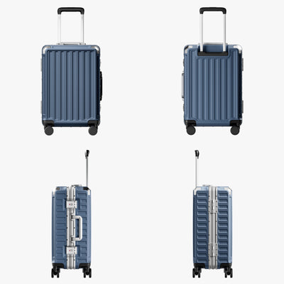 LUGGEX carry-on luggage in navy blue with black aluminum frame — front, back, and side views showing zipperless hard shell, TSA lock, and spinner wheels."#color_blue
#show