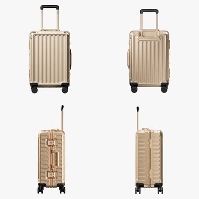 LUGGEX carry-on luggage in champagne gold with gold aluminum frame — front, back, and side views showing zipperless hard shell, TSA lock, and spinner wheels. #color_champagne_gold