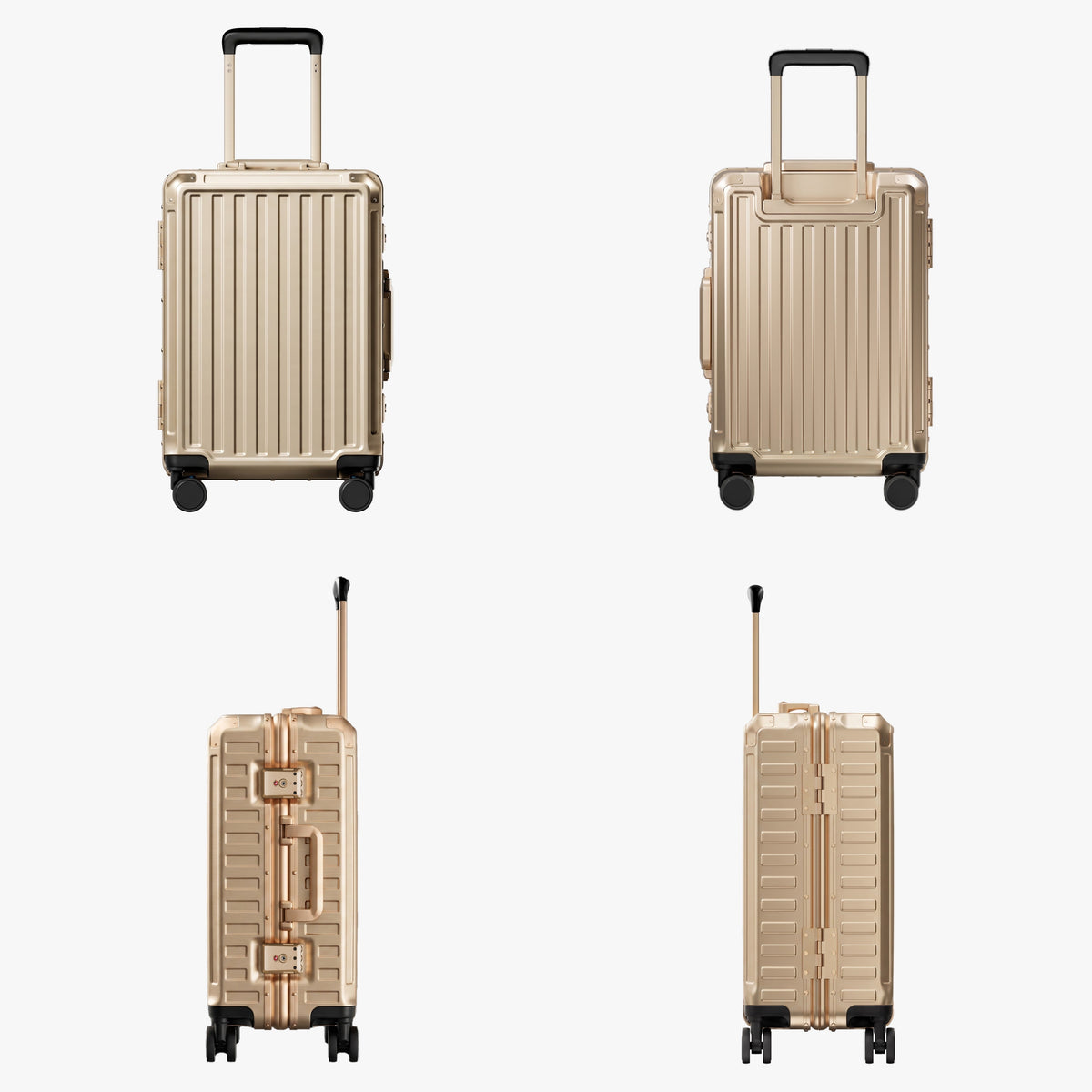 LUGGEX carry-on luggage in champagne gold with gold aluminum frame — front, back, and side views showing zipperless hard shell, TSA lock, and spinner wheels. #color_champagne_gold