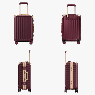 LUGGEX carry-on luggage in burgundy with gold aluminum frame — front, back, and side views showing zipperless hard shell, TSA lock, and spinner wheels.#color_cherry
