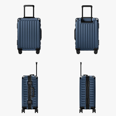 LUGGEX carry-on luggage in slate blue with silver aluminum frame — front, back, and side views showing zipperless hard shell, TSA lock, and spinner wheels.#color_navy_blue