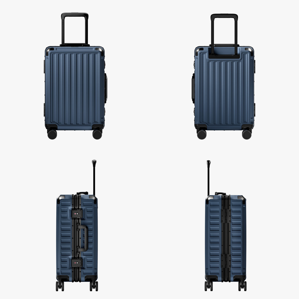 LUGGEX carry-on luggage in slate blue with silver aluminum frame — front, back, and side views showing zipperless hard shell, TSA lock, and spinner wheels.#color_navy_blue