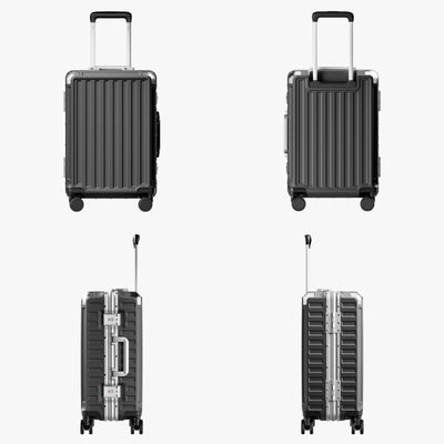 LUGGEX carry-on luggage in dark gray with silver aluminum frame — front, back, and side views showing zipperless hard shell, TSA lock, and spinner wheels.#color_charcoal