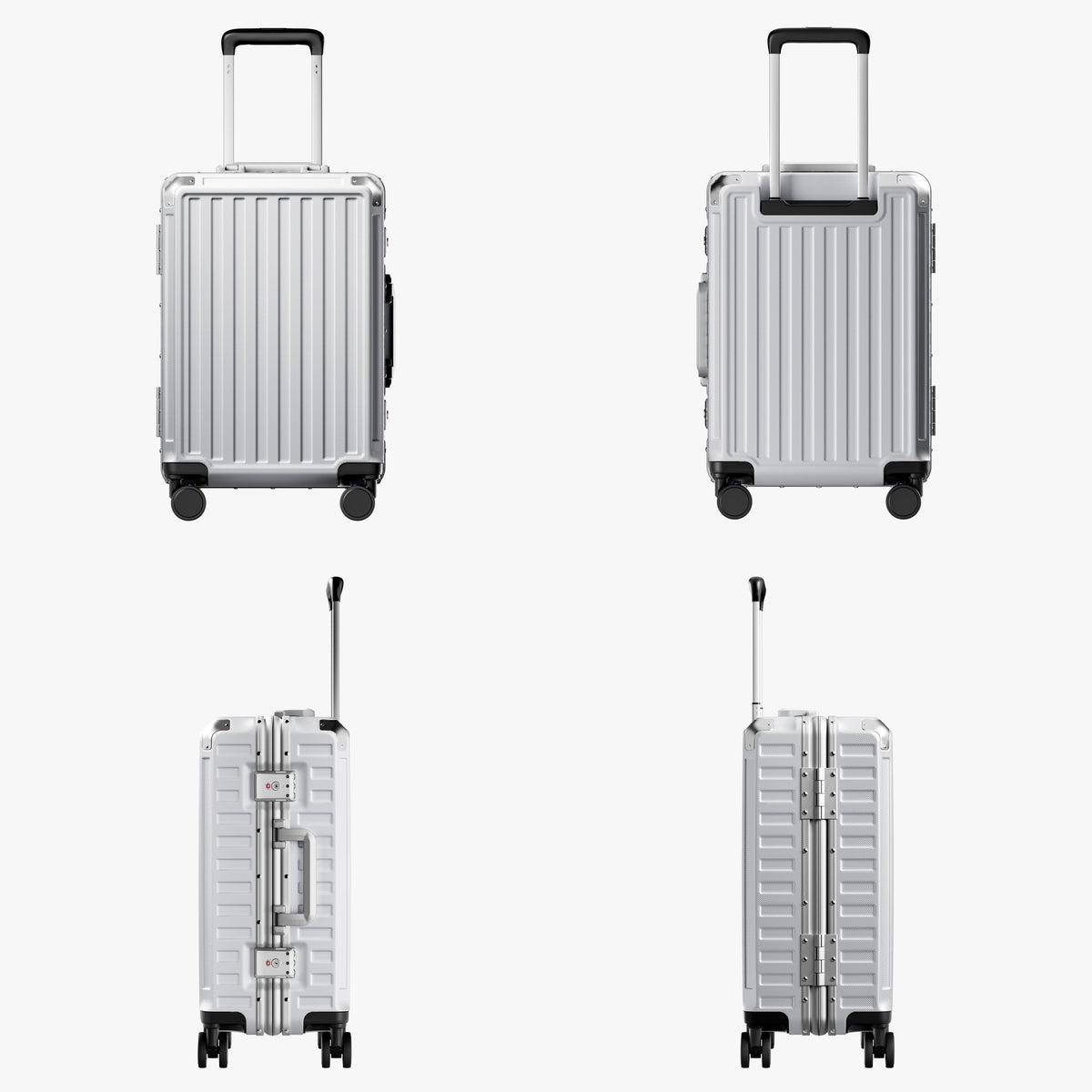 LUGGEX carry-on luggage in silver with silver aluminum frame — front, back, and side views showing zipperless hard shell, TSA lock, and spinner wheels.#color_sliver_grey