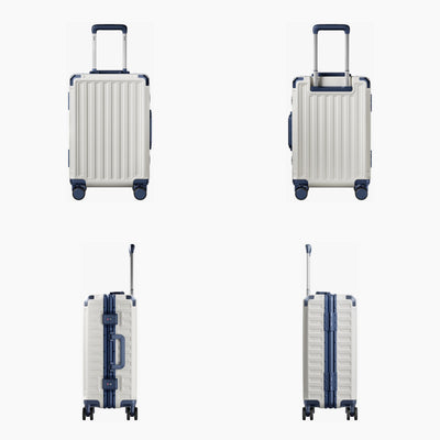 LUGGEX carry-on luggage in cream white with navy blue aluminum frame — front, back, and side views showing zipperless hard shell, TSA lock, and spinner wheels.#color_white_blue