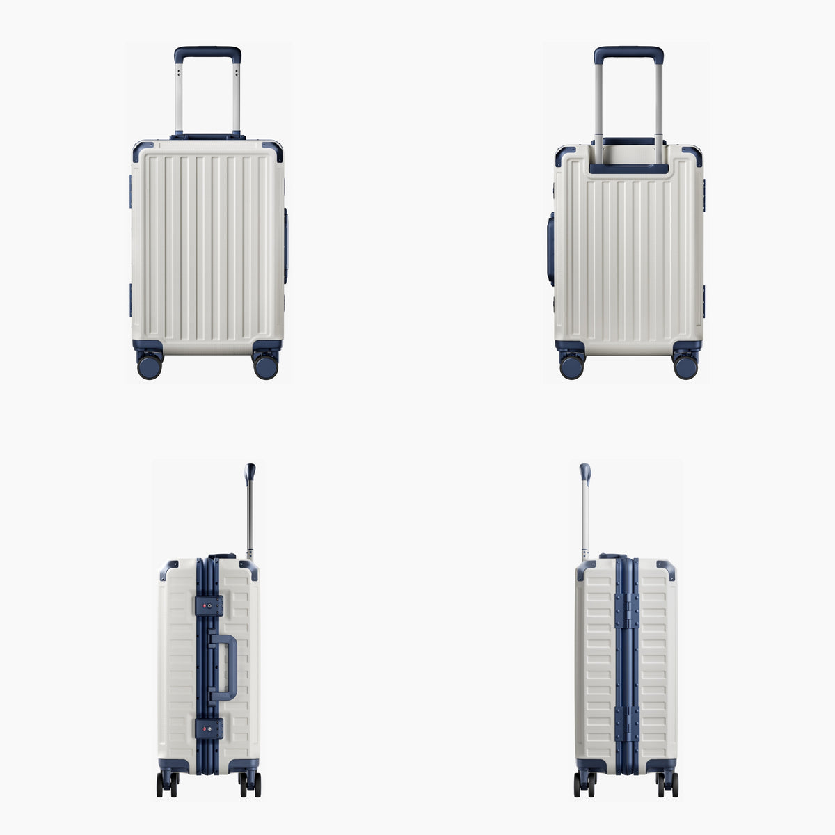 LUGGEX carry-on luggage in cream white with navy blue aluminum frame — front, back, and side views showing zipperless hard shell, TSA lock, and spinner wheels.#color_white_blue