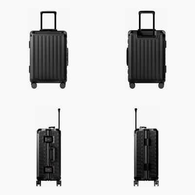 LUGGEX carry-on luggage in matte black with black aluminum frame — front, back, and side views showing zipperless hard shell, TSA lock, and spinner wheels.#color_black #show