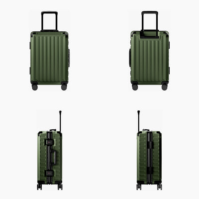 LUGGEX carry-on luggage in olive green with black aluminum frame — front, back, and side views showing zipperless hard shell, TSA lock, and spinner wheels.#color_olive_green #show