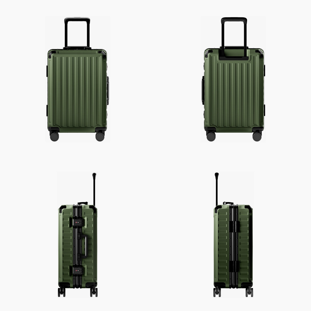 LUGGEX carry-on luggage in olive green with black aluminum frame — front, back, and side views showing zipperless hard shell, TSA lock, and spinner wheels.#color_olive_green #show