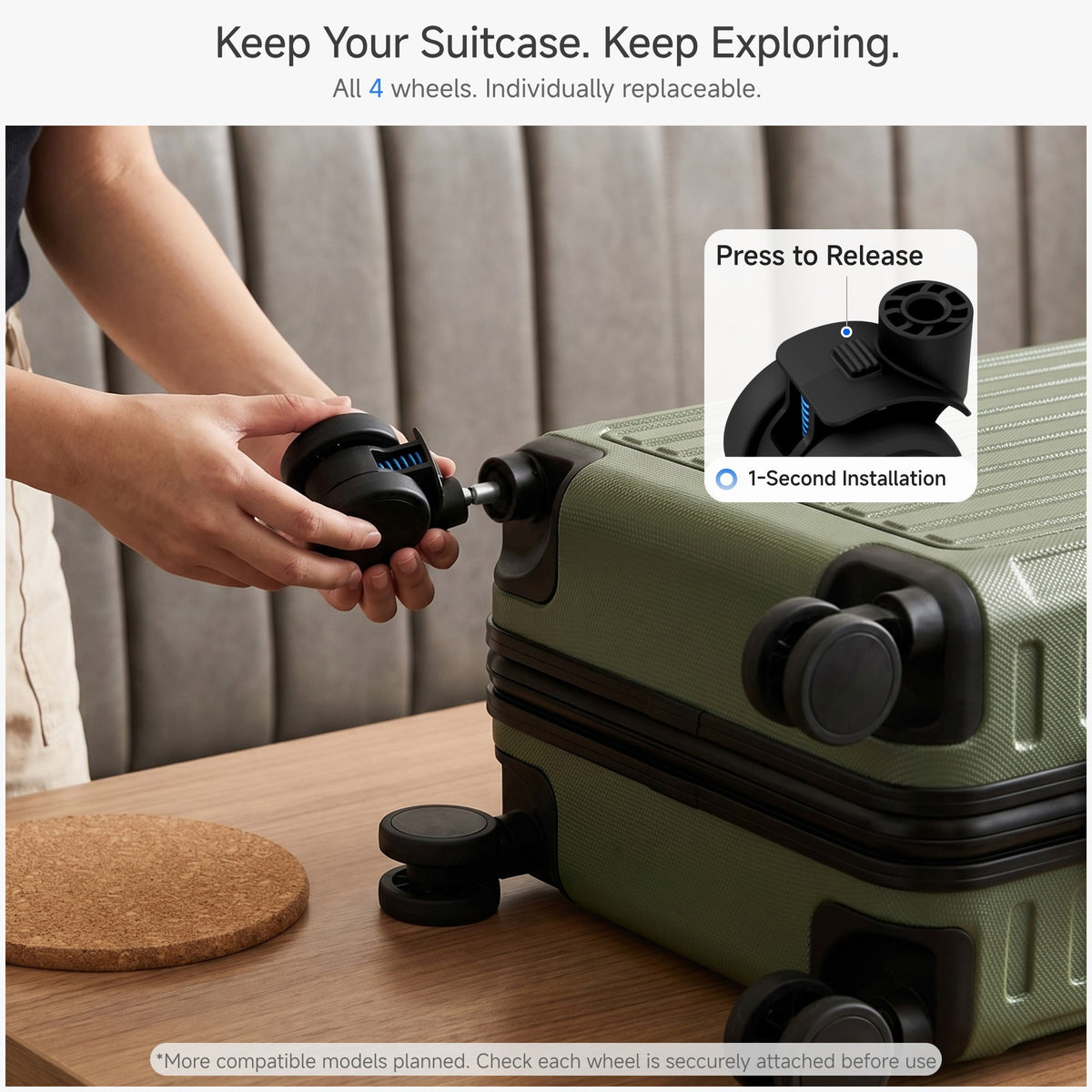 Luggage replacement wheels with a push-button release, shown being installed on a green hard-shell suitcase.#color_black