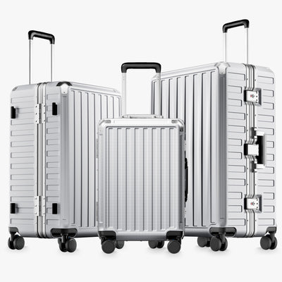 100% polycarbonate hard shell, and reinforced aluminum frame for durable protection and long-term travel use. #LUGGEX  aluminum-frame zipperless luggage set with 100% polycarbonate hard shell, TSA-approved locks, and smooth spinner wheels for durable, secure travel.

#color_sliver-grey #show