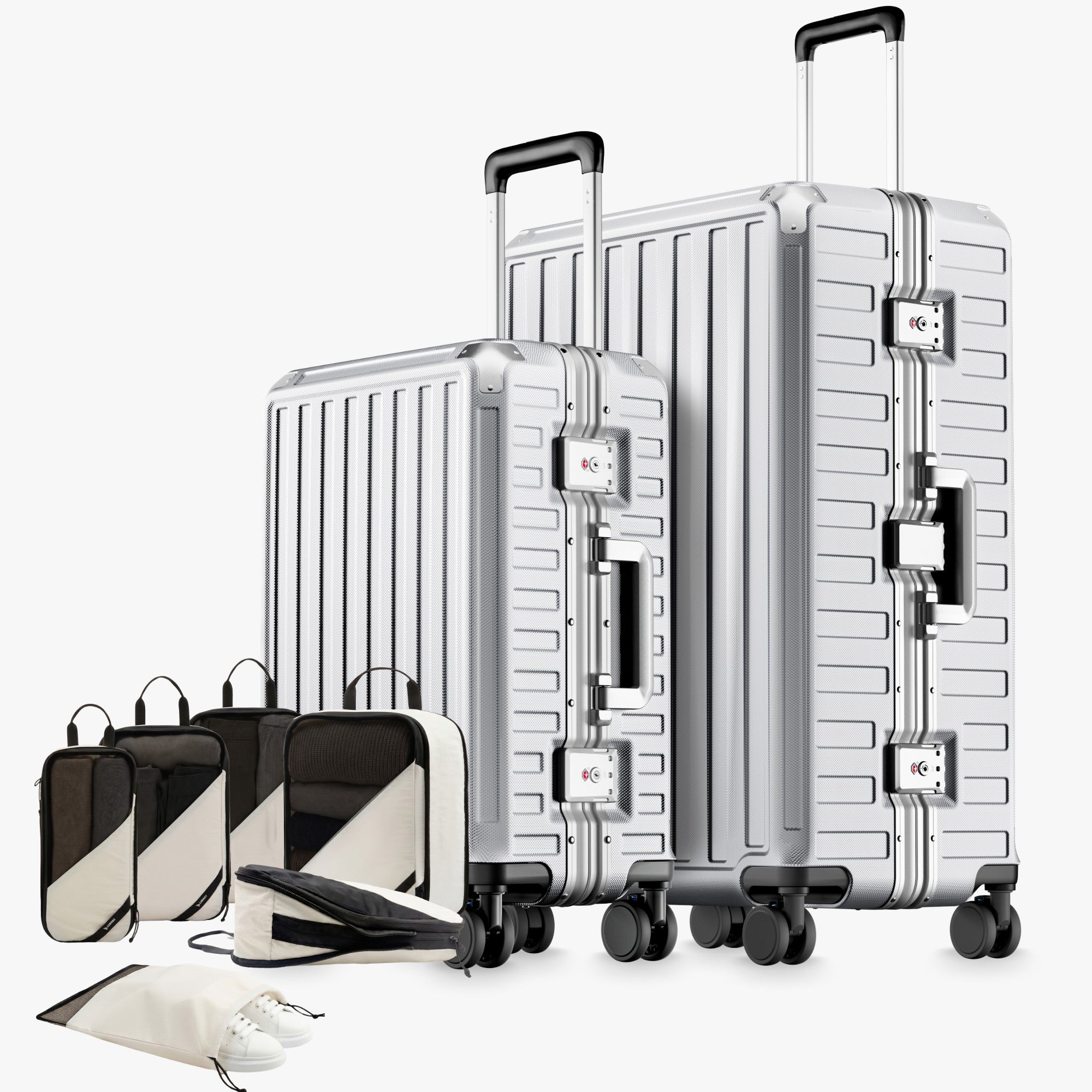 100% polycarbonate hard shell, and reinforced aluminum frame for durable protection and long-term travel use. #LUGGEX  aluminum-frame zipperless luggage set with 100% polycarbonate hard shell, TSA-approved locks, and smooth spinner wheels for durable, secure travel.

#color_sliver_grey #show