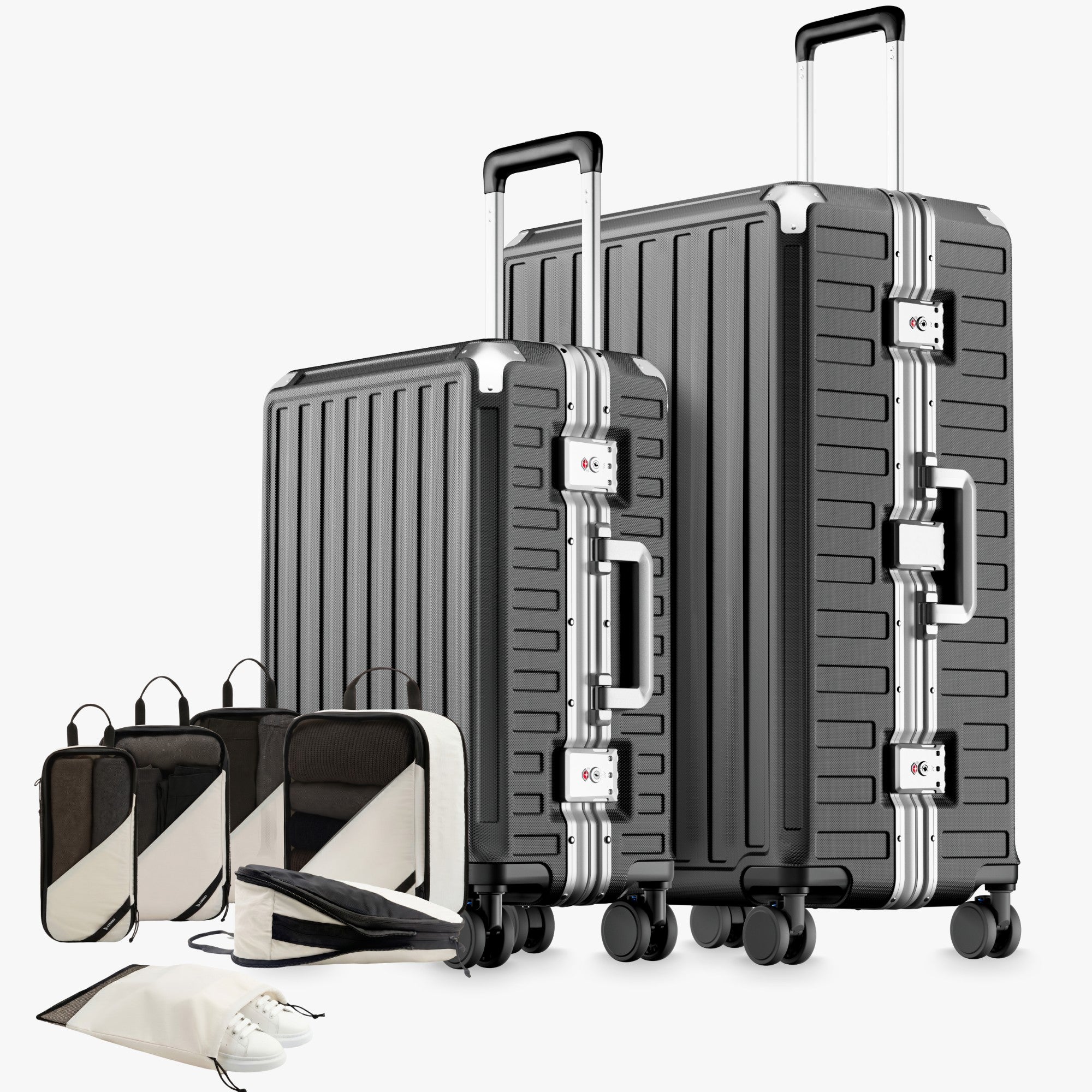 100% polycarbonate hard shell, and reinforced aluminum frame for durable protection and long-term travel use. #LUGGEX  aluminum-frame zipperless luggage set with 100% polycarbonate hard shell, TSA-approved locks, and smooth spinner wheels for durable, secure travel.

#color_charcoal #show