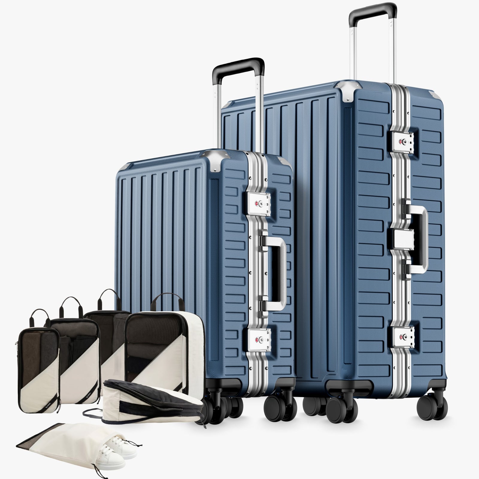 100% polycarbonate hard shell, and reinforced aluminum frame for durable protection and long-term travel use. #LUGGEX  aluminum-frame zipperless luggage set with 100% polycarbonate hard shell, TSA-approved locks, and smooth spinner wheels for durable, secure travel.

#color_Blue #show