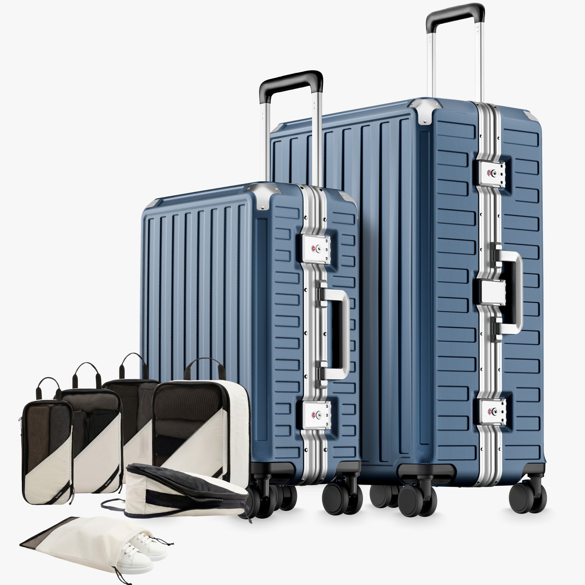 100% polycarbonate hard shell, and reinforced aluminum frame for durable protection and long-term travel use. #LUGGEX  aluminum-frame zipperless luggage set with 100% polycarbonate hard shell, TSA-approved locks, and smooth spinner wheels for durable, secure travel.

#color_Blue #show
