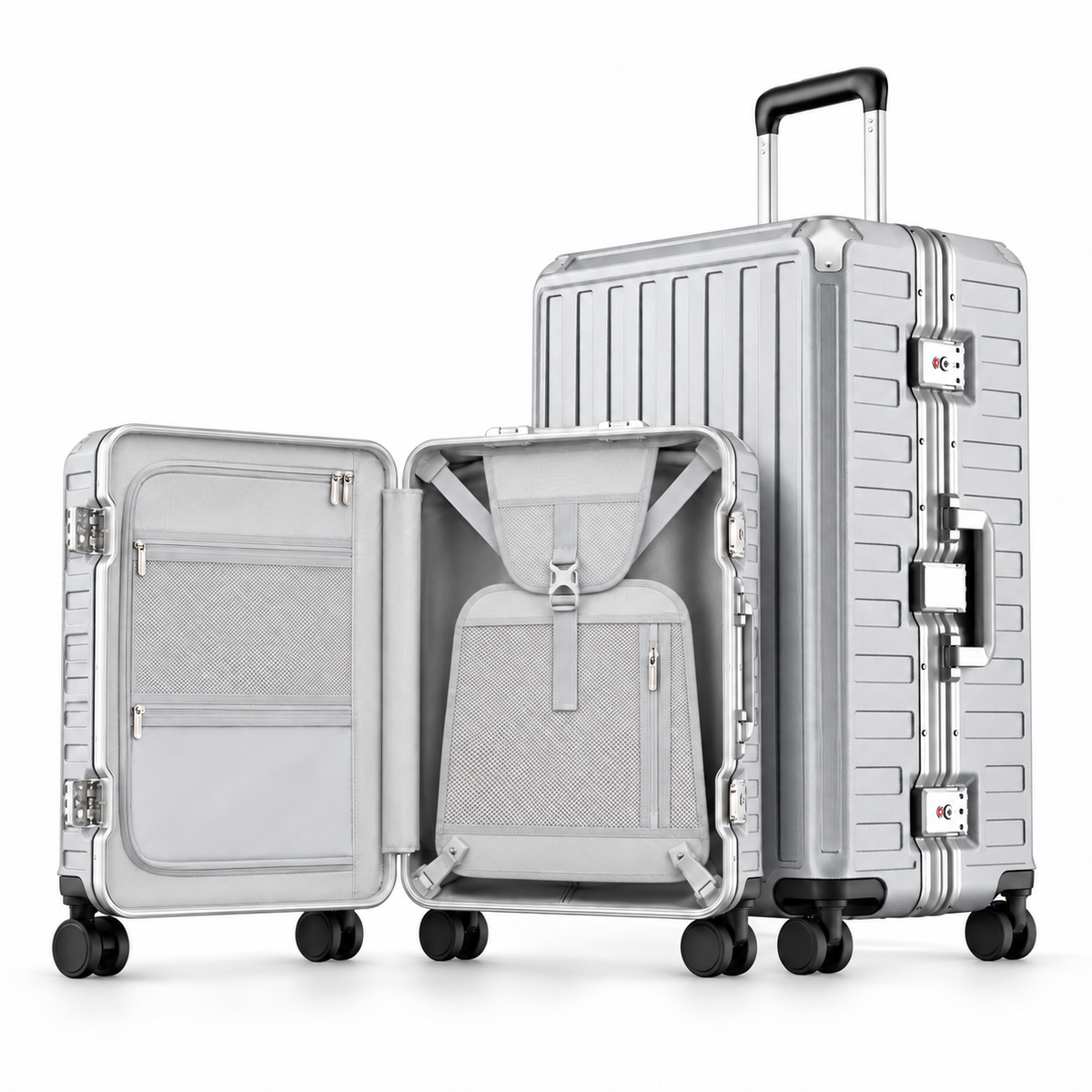 100% polycarbonate hard shell, and reinforced aluminum frame for durable protection and long-term travel use. #LUGGEX  aluminum-frame zipperless luggage set with 100% polycarbonate hard shell, TSA-approved locks, and smooth spinner wheels for durable, secure travel.
#color_sliver_grey #show