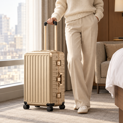 Champagne gold spinner suitcase with an extended handle beside a traveler in a sunlit hotel room.