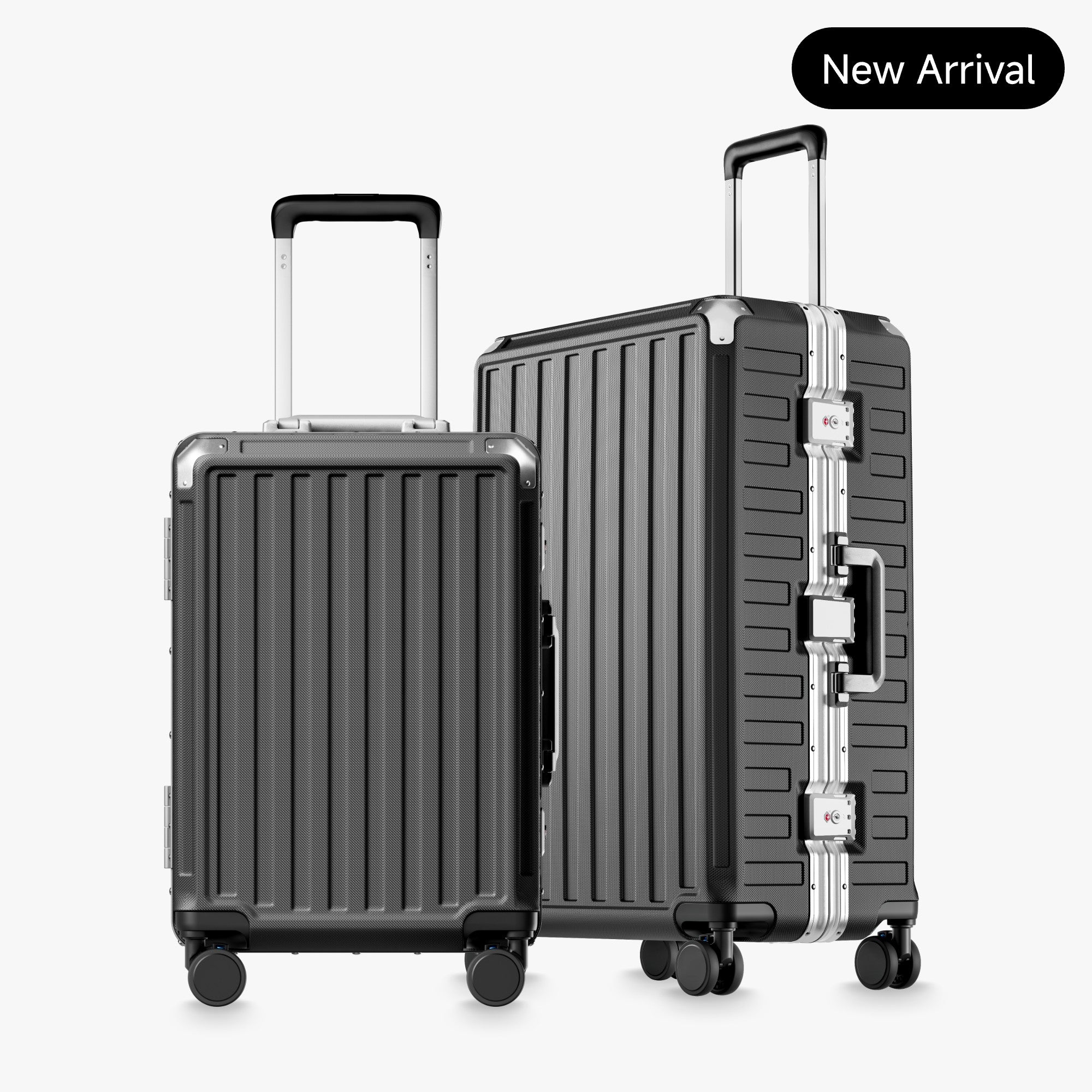 LUGGEX luggage feature diagram highlighting 3-stage adjustable handle, zipperless aluminum frame, 4 reinforced corners, 2 TSA-approved locks, removable privacy divider, and shock-absorbing spinner wheels#color_charcoal