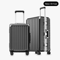LUGGEX luggage feature diagram highlighting 3-stage adjustable handle, zipperless aluminum frame, 4 reinforced corners, 2 TSA-approved locks, removable privacy divider, and shock-absorbing spinner wheels#color_charcoal