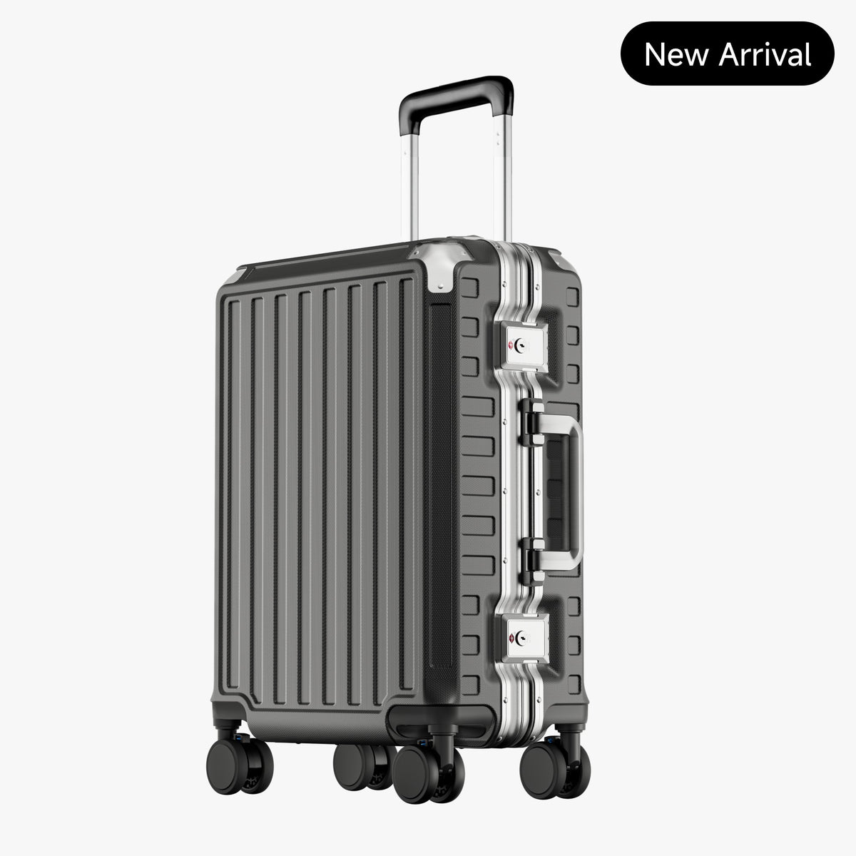 Back view of Back view of an aluminum frame carry-on suitcase with spinner wheels and a telescopic handle, designed for durable and smooth travel. #show #color_charcoal