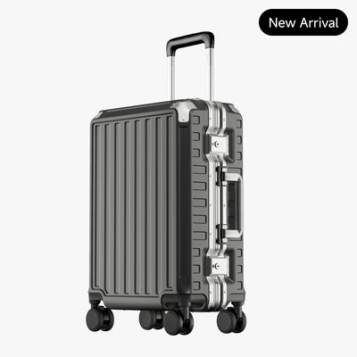 Back view of Back view of an aluminum frame carry-on suitcase with spinner wheels and a telescopic handle, designed for durable and smooth travel. #show #color_charcoal